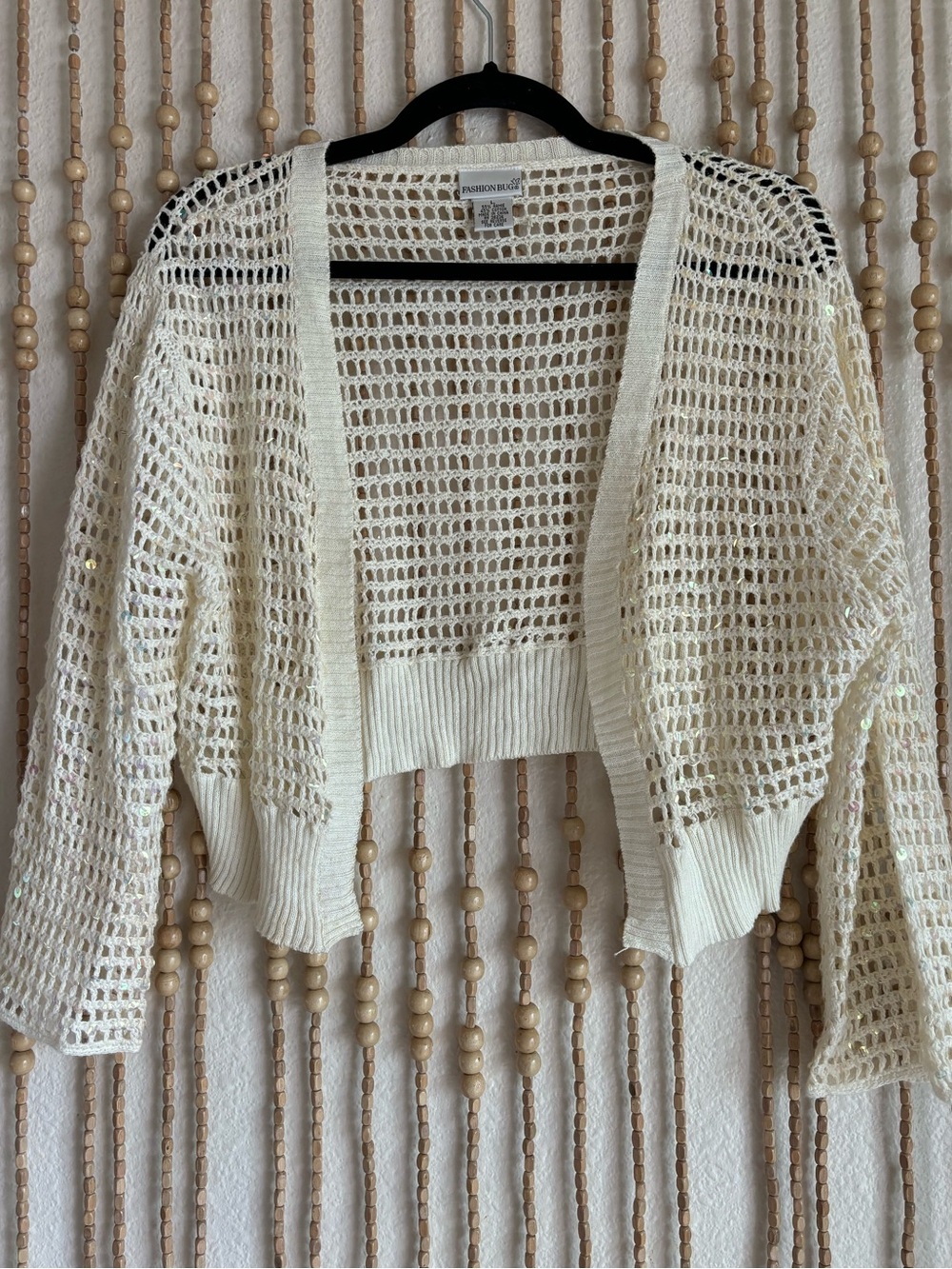 Vintage Fashion Bug Cream Sequin Y2K Girlhood Mermaid Core Knit Open Cardigan Lg